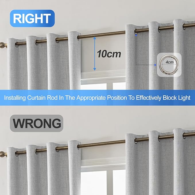 Linen 100% Blackout Curtains for Bedroom, Black Out Curtains 96 Inch Long, Room Darkening Curtains for Living Room, Long Curtain Grommets Drapes, Thermal Curtains (2 Panels, Greyish White)