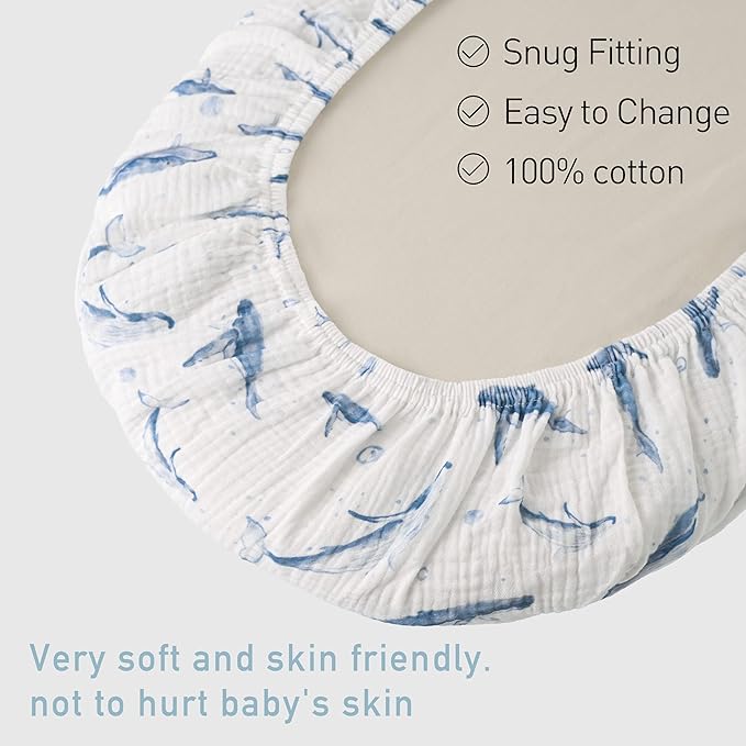 Muslin Bassinet Fitted Sheets, 2 Pack for Baby Boy and Girl, Soft Breathable Baby Pad/Mattress Sheet, Fit for Hourglass Oval and Rectangle Bassinet Mattress (Blue Whale)
