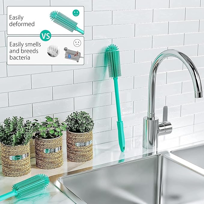 SUPPHOUS Long Silicone Bottle Cleaning Brush | 2 Pack| 16”+13”Water Bottle Brush Cleaner Brush for Hydro Flask,Glassware,Vacuum Sports Bottle&Vases,Silicone Water Bottle Cleaner Brush for Narrow Neck