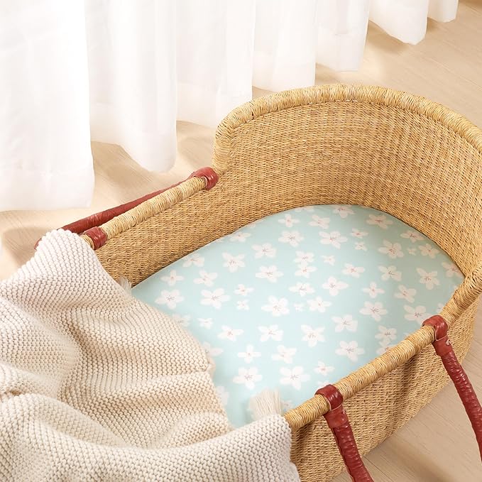 TILLYOU Baby Bassinet Sheets for Girls Boys 2 Pack Baby Sheets for Square Rectangle Oval Bassinet Mattress 33X16 Inch, Fresh Flowers and Light Green