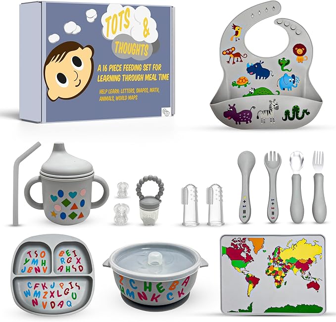 Tots and Thoughts 16-Piece Silicone Baby Feeding Set – Educational – Baby Led Weaning Supplies – BPA-Free – Placemat, Suction Plate, Bowl, Bib, Sippy Cup, Spoons, Forks – Microwave/Dishwasher Safe