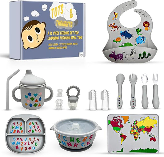 Tots and Thoughts 16-Piece Silicone Baby Feeding Set – Educational – Baby Led Weaning Supplies – BPA-Free – Placemat, Suction Plate, Bowl, Bib, Sippy Cup, Spoons, Forks – Microwave/Dishwasher Safe