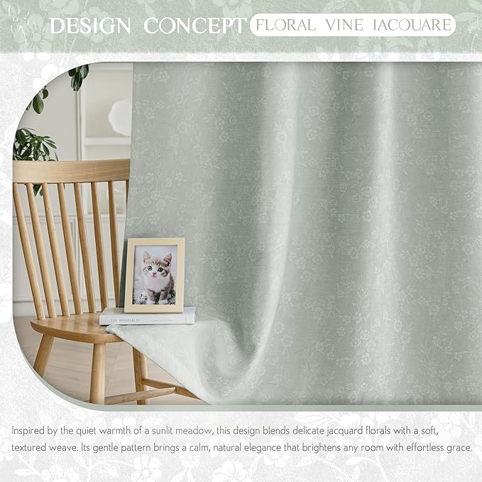 Beauoop Green Floral Jacquard Blackout Curtains 84 Inches Long 2 Panels for Living Room Bedroom Chenille Flower Room Darkening Thermal Insulated Soundproof Grommet Window Drapes, 52x84 Set of 2