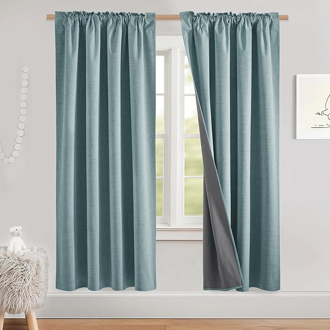 NICETOWN Skylark Blue Bedroom Full Blackout Linen Curtain, Thick Linen Blend Thermal Insulated Classic Back Tab Blackout Draperies with White Liner for Nursery (Set of 2, 52 by 72-inch)