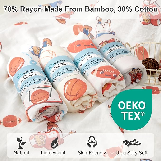 70% Rayon Made from Bamboo 30% Cotton Muslin Swaddle Blanket, 47 x 47 Inches, Basketball Print Baby Receiving Blanket, Soft and Breathable, Unisex, 4 Pack