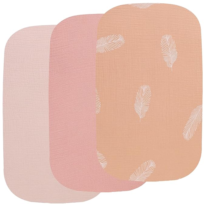 Onacosht Muslin Bassinet Sheets 3 Pack, 100% Cotton Baby Fitted Sheet 33" X 17" for Standard Rectangle Round Oval and Hourglass Bassinet Mattress, Pink and Feather
