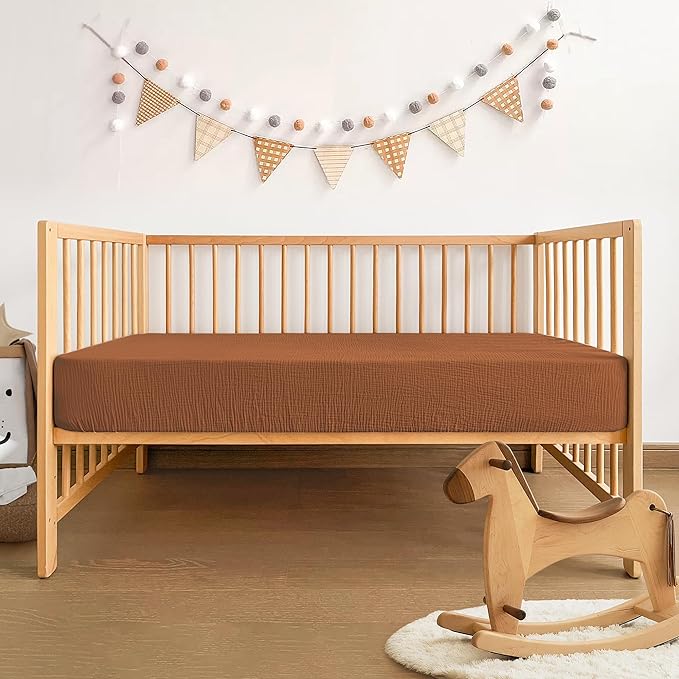 Pro Goleem Muslin Pack n Play Sheets for Boys and Girls, Soft Breathable Cotton Fitted Mini Crib Sheets, Neutral Baby Sheets for Playard Mattress, 2 Pack (Brown＆Beige)