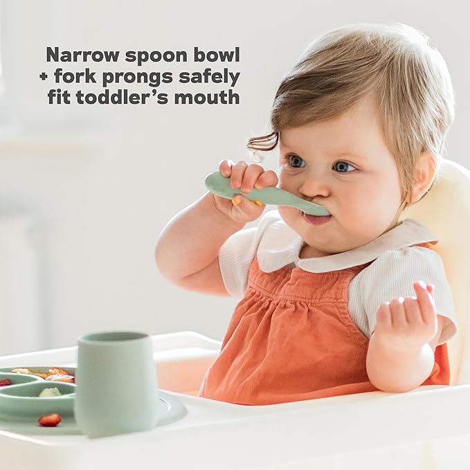 ezpz Mini Utensils - 12 Months+ (Fork & Spoon in Blue) - 100% BPA Free Fork and Spoon - Toddler Utensils - Designed by a Pediatric Feeding Specialist
