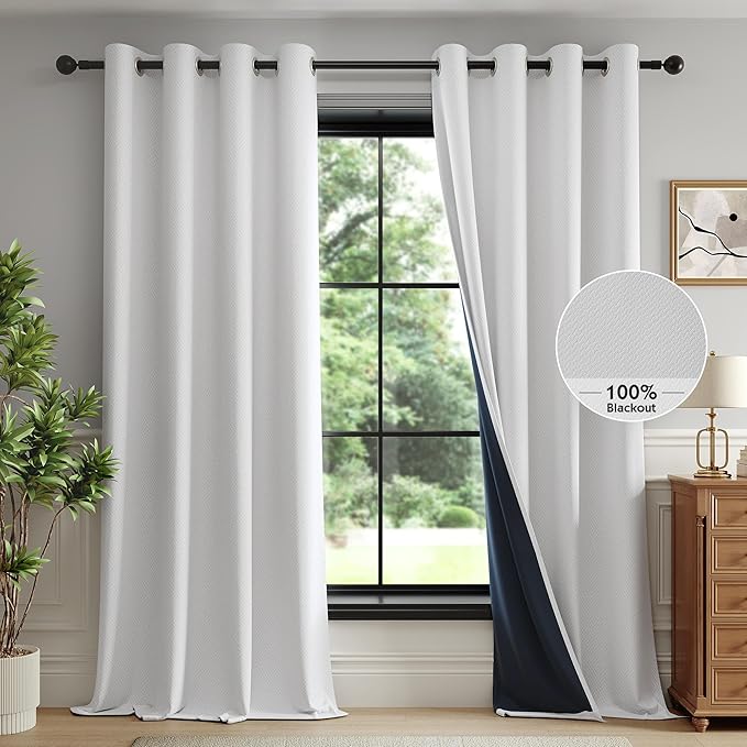 FMFUNCTEX 100% White Blackout Curtains for Bedroom, White Weave Textured Curtains 72 Inches Long Thermal Insulated Curtain for Living Room, Black Out Drapery Grommet Room Darkening 2 Panels