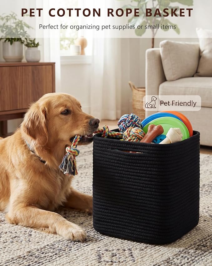 Cube Storage Bin 11" x 10.5" x 10.5" Cotton Rope Basket Square Woven Storage Basket for Shelves, Closet Organizer, Soft Towel Sock Basket, Black, 3 Pack