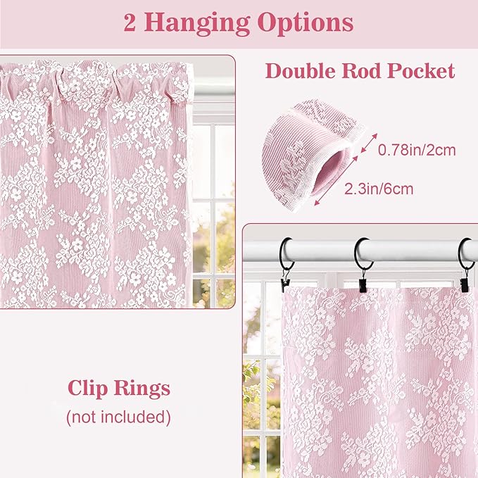 Yinhua Pink Kitchen Curtains 36 Inch Length Double Layer Blackout Cafe Curtains with Floral Sheer Overlay Rod Pocket Short Curtain for Windows, Small Window Curtain for Bathroom, Living Room, 2 Panels