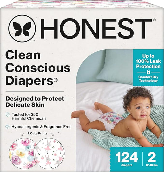 The Honest Company Comfort Dry Disposable Diapers for Sensitive Skin, Hypoallergenic, Fragrance-Free, Rose Blossom + Tutu Cute, Super Club Box, Size 2 (12-18 lbs), 124 Count