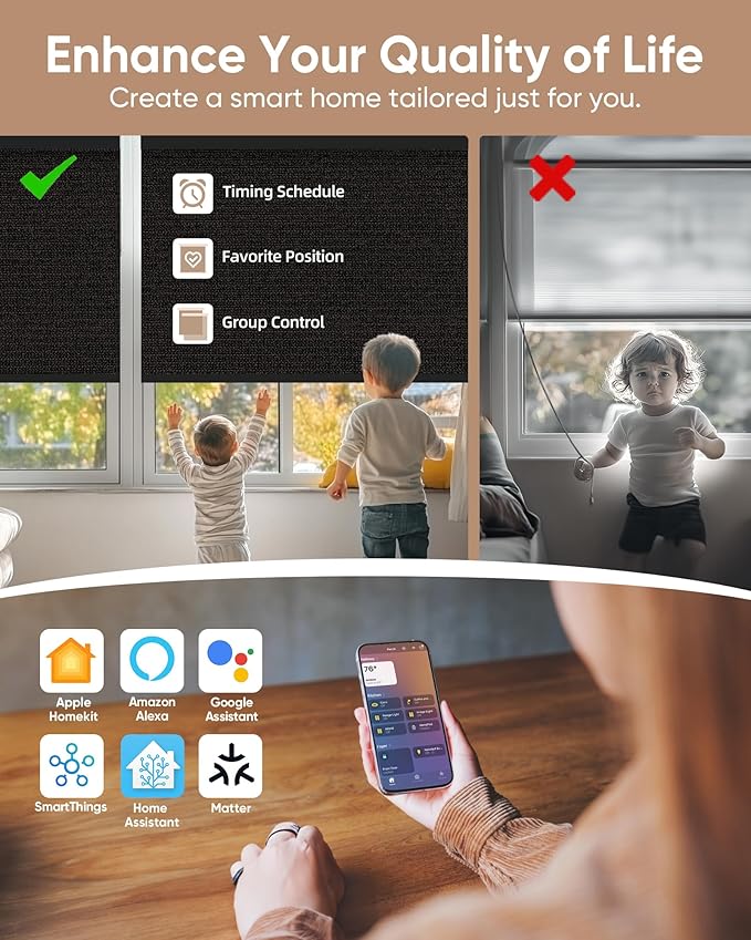 Kincmo Motorized Blinds with Remote,100% Blackout Motorized Roller Shades Work with Apple Homekit,Alexa,Google, Custom Electric Blinds with App,Voice Control (Eclipse Black)