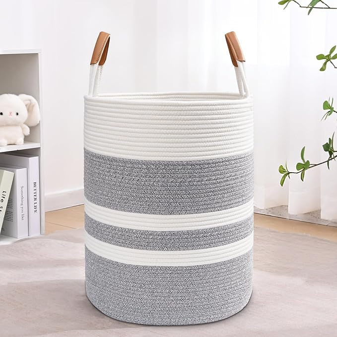 60L Striped Laundry Basket, Grey Laundry Hamper with Leather Handles, Woven Cotton Rope Storage Bin for Blankets, Nursery Hamper for Clothes, Toys In Bathroom, Livingroom, Bedroom