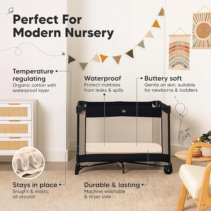2 Pack and Play Sheets, Waterproof Mini Crib Sheets Fitted - 38x26 Organic Cotton Pack N Play Sheets for Graco Pack and Play Mattress, Playard Baby Crib Sheets, Neutral for Boy, Girl, Toddler (Cameo)