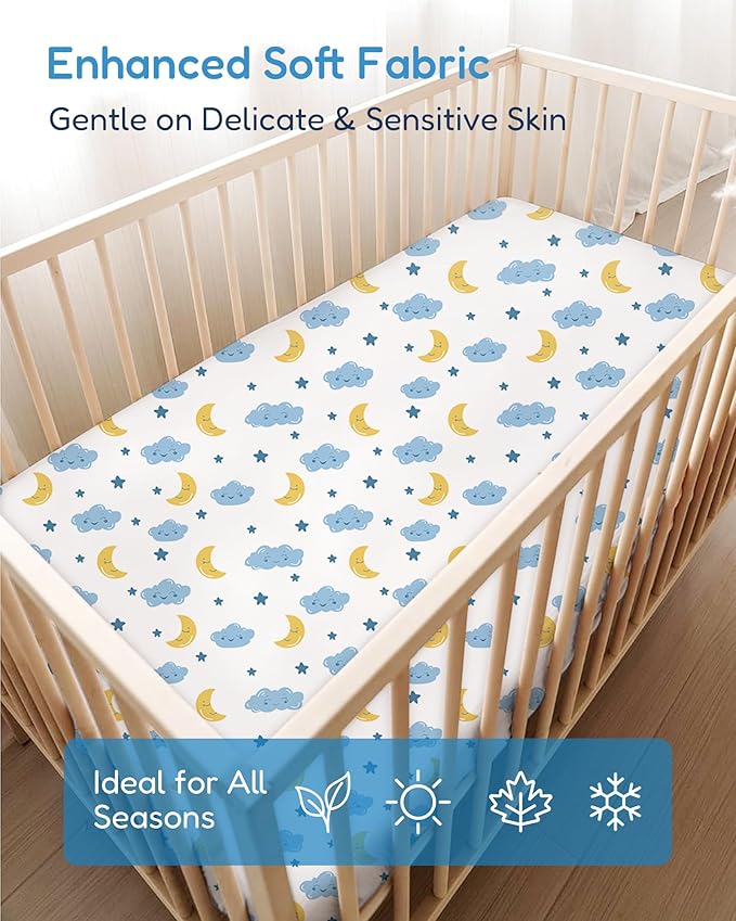 Baby Crib Sheets for Standard Crib Mattress, Soft and Breathable, Cloud+Blue Crib Sheet, Safe and Cozy, Fits 28''x52''x9'' Extra Deep Pocket