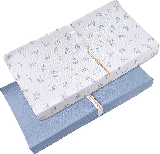 Changing Pad Cover for Baby Girls Boys - 100% Organic Cotton Muslin Changing Pad Sheets with Secure 360° Elastic Fit, Ultra-Soft for Delicate Skin, 2 Pack