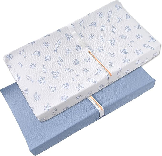 Changing Pad Cover for Baby Girls Boys - 100% Organic Cotton Muslin Changing Pad Sheets with Secure 360° Elastic Fit, Ultra-Soft for Delicate Skin, 2 Pack