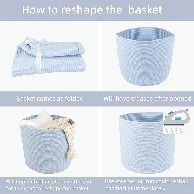 Cotton Rope Basket For Girls Boys Kids 16”X14” Baby Laundry Baskets Nursery Bin Round Woven Basket For Storage Toys Blankets Shoes Clothes blue