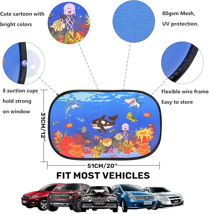 MOVINPE Car Sun Shade for Baby Kids 2 Pack Static Cling Side Window Car 80GSM Rear Sunshades Universal with 8 Suction Cups and Storage Bag - Sun Glare and UV Rays Protection (Undersea Animals)