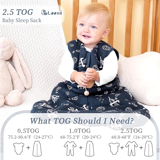 Looxii Baby Wearable Blanket Sleep Sack 18-24 Months 2.5 TOG Cotton Quilted Toddler Sleeping Sack 2-Way Zipper Warm for Winter