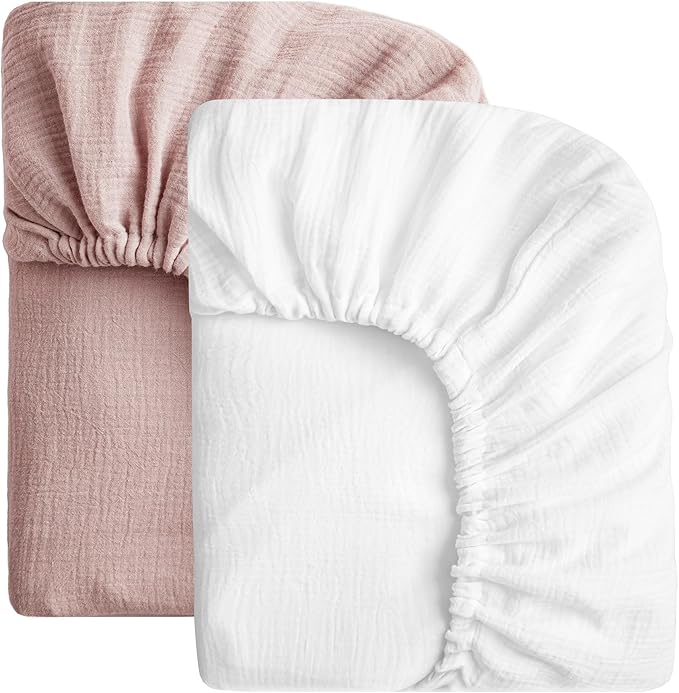 SOULFUL Mini Muslin Crib Sheets for Boys Girls, 2 Pack Soft and Breathable Cotton Fitted Crib Sheets for Standard Crib Mattress (24"x 38", White & Dusty Rose)
