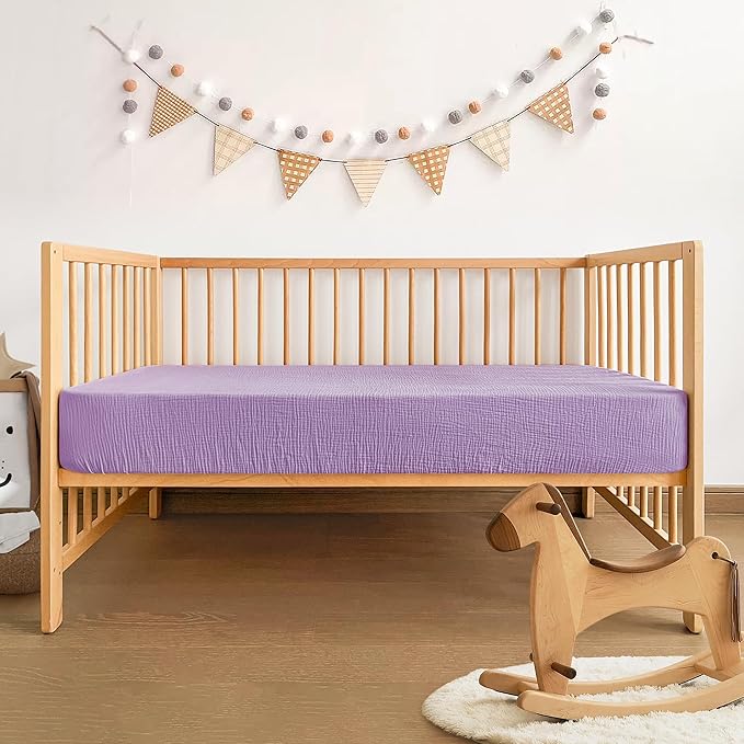 Pro Goleem Muslin Pack n Play Sheets for Girls, Soft Breathable Cotton Fitted Mini Crib Sheets, Baby Sheets for Playard Mattress, 2 Pack (Pink＆Purple)