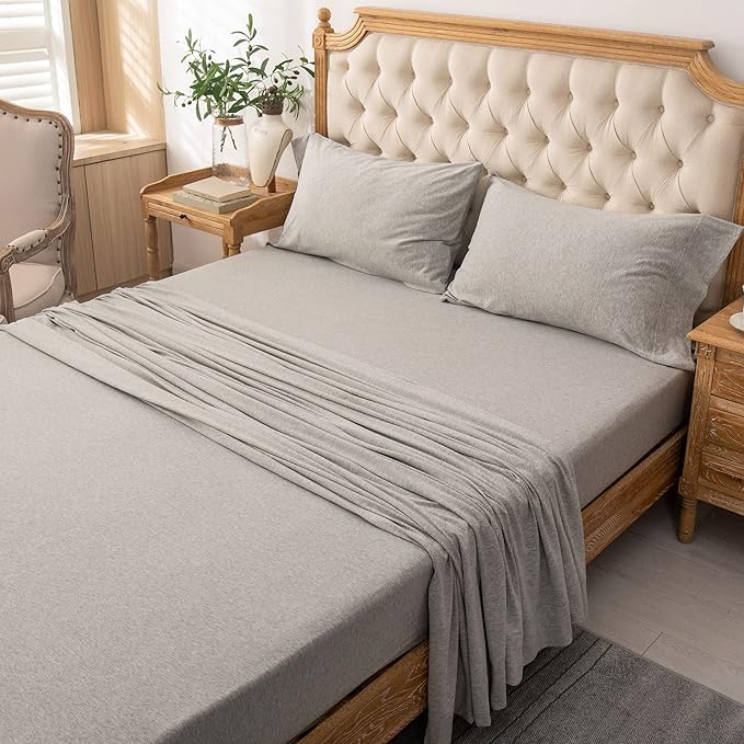 PURE ERA Jersey Knit 4pc Bed Sheet Set 100% T-Shirt Heather Cotton Super Soft Comfy Breathable Fits Mattress Up to 20" Extra Deep Pocket (Heather Light Grey, Queen)