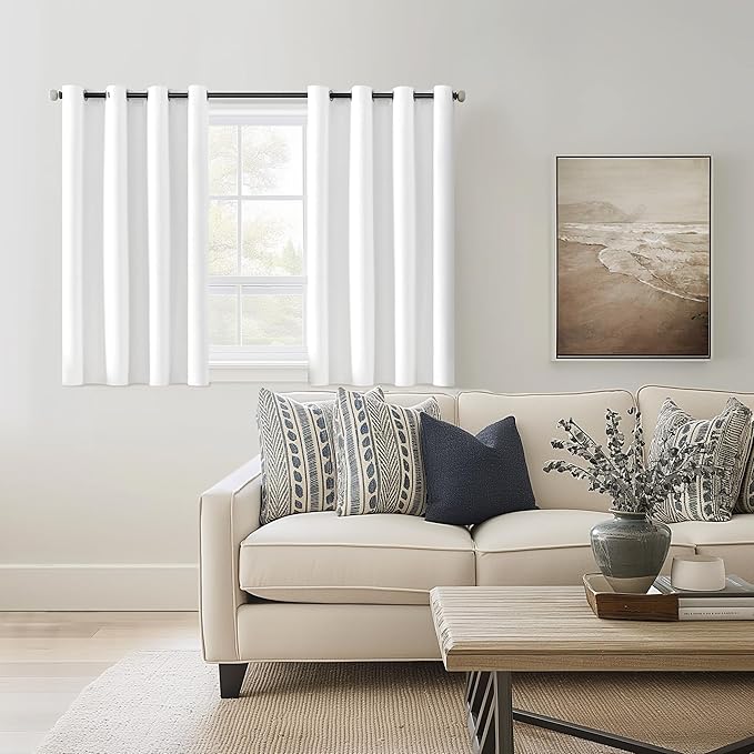 ChrisDowa 100% Blackout Pure White Solid Curtains 45 Inches Long 2 Panels for Bedroom Living Room,Farmhouse Room Darkening Thermal Insulated Soundproof Grommet Top Window Treatment Drapes,52x45
