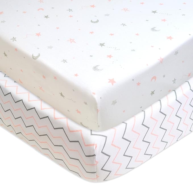 American Baby Company 2 Pack Printed 100% Cotton Knit Fitted Contoured Changing Table Pad Cover - Compatible with Mika Micky Bassinet, Pink Stars and Zigzag, for Boys and Girls
