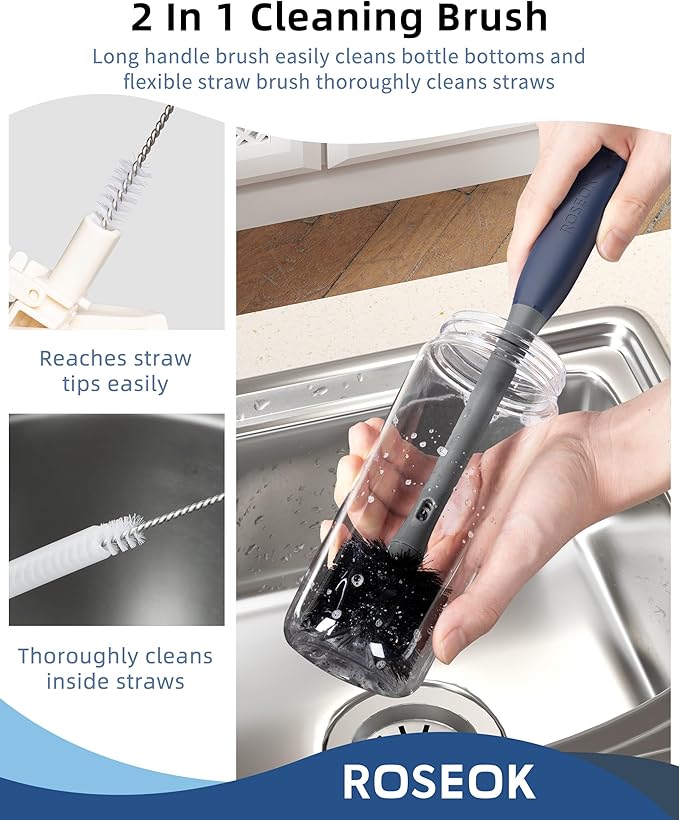 ROSEOK 2 in 1 Long Handle Bottle Brush with Straw Brush for Cleaning Glass, Sports Bottle, Coffee Mug, Gray, 1 Pack