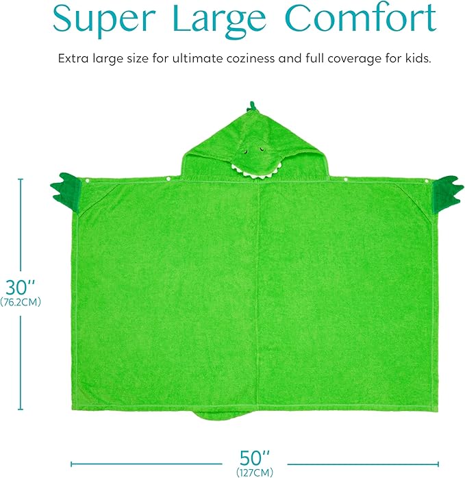 Joiedomi Dinosaur Hooded Towel for Kids Soft 100% Cotton Bath Beach Towel 30" x 50" for Kids 3-10 Years Toddler Pool Poncho with Hood Absorbent Swim Wrap for Boys Girls