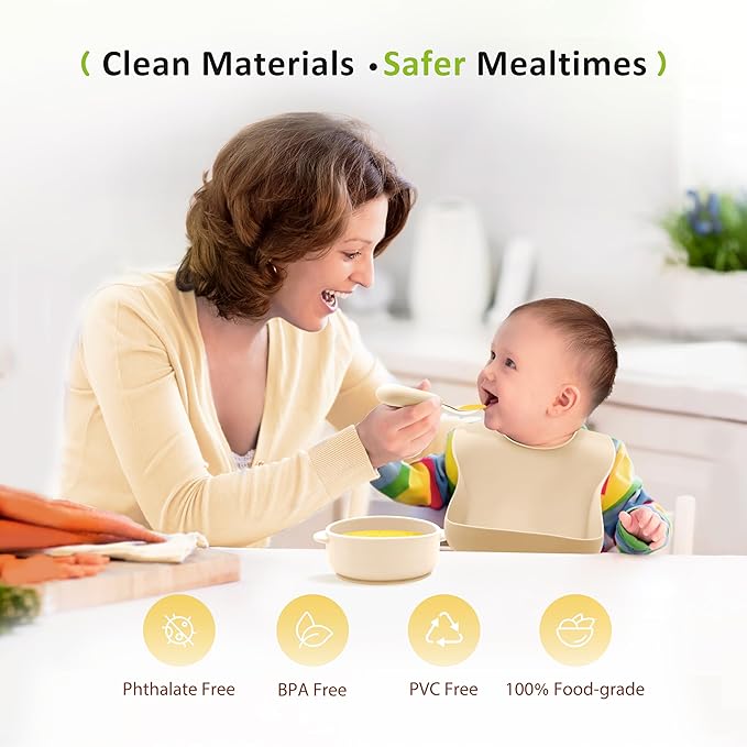 Bufims Silicone Baby Feeding Set, Baby Led Weaning Supplies, Eating Essentials Utensils with Suction Plate and Bowl, Pocket Bib, Sippy Cup with Lid, Forks Spoons Snack Container, for 6+ Months, Beige