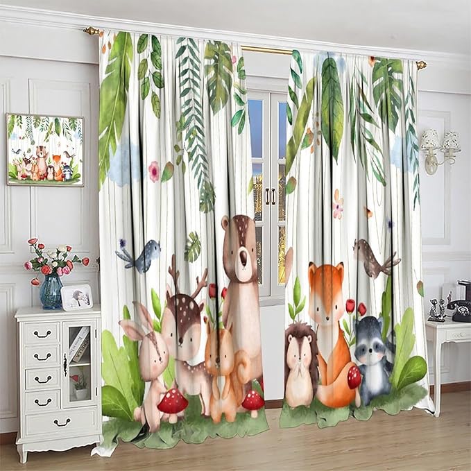 Forest Animal Curtains, Watercolor Wild Animal Bear Fox Deer Kids Window Treatments for Living Room Bedroom,Child Nursery Colorful Wildlife Jungle Forest Living Room Window Drapes Fabric,52x84Inch