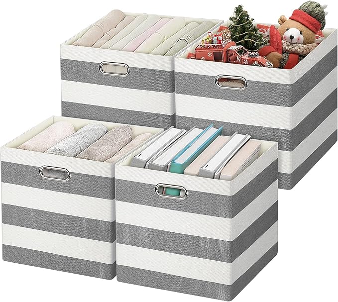 Posprica Storage Bins Storage Cubes,13×13 Collapsible Storage Boxes Containers Organizer Baskets for Nursery,Office,Closet,Shelf - 4pcs,Black-White Striped