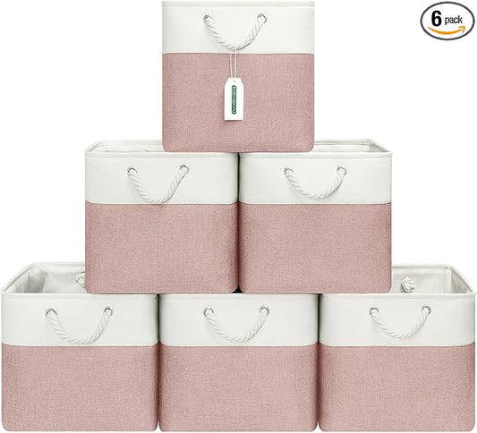 13x13 Inch Cube Storage Bins with Reinforced Bottom Cardboard, 6 Pack Large Foldable Fabric Storage Cubes with Handles for Shelf, Closet, Laundry Organization (White&Pink)