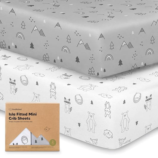 Pack and Play Sheets Fitted - 2-Pack Mini Crib Sheets for Pack N Play Mattress 38x26, Soft & Cozy, Neutral Toddler Playard Bedding, Snug Fitted Mini Baby Crib Mattress Cover Boy, Girl (Woodland)