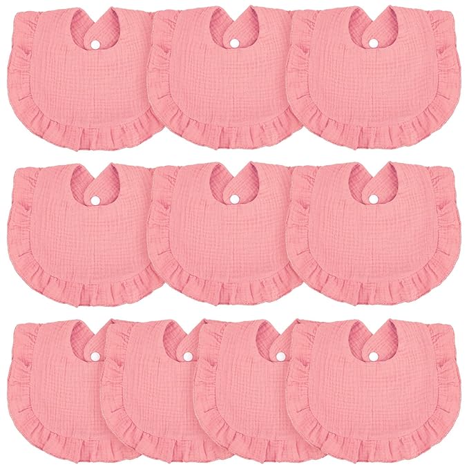 Seematn 10 Pcs Baby Muslin Bibs for Unisex Girls & Boys Drool Bibs Bandana Ruffle Soft Cotton for Newborn Infants Toddlers(Pink)