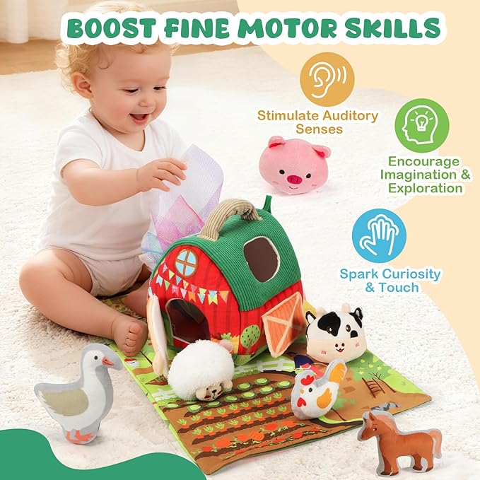 Baby Toys 6-12 Months, Montessori Toys for 1 2 Years Old Babies, Surprise Barn Stuffed Farm Animals Rattle Crinkle Mirror Sensory Balls for Toddlers 1-3, Baby Boy Girl Valentines Gift, Easter Stuffers
