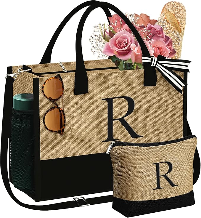YOOLIFE Valentines Day Gifts for Her - Initial Jute Tote Bag & Makeup Bag, Birthday Gifts for Women Teacher Mom Wife Friend