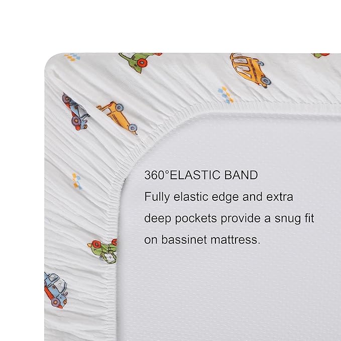 Onacosht Muslin Bassinet Sheets 3 Pack, 100% Cotton Baby Fitted Sheet 33" X 17" for Standard Rectangle Round Oval and Hourglass Bassinet Mattress, Dinosaur Car and Blue