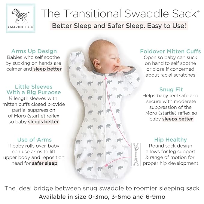 Amazing Baby Transitional Swaddle Sack, Arms Up Half-Length Sleeves & Mitten Cuffs, Swaddle for Newborn Transition to Baby Sleep Sack Wearable Blanket, Lrg, 6-9 mo, 21-24 lb, Sterling Tiny Elephants