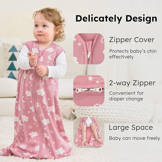 FIEMOL Baby Sleep Sack 12-18 months, 100% Cotton Sleeping Sack for Toddler, 3 Pack Baby Wearable Blanket, 0.5 Tog Lightweight Double Zipper Sleep Bag Large Pink Stars Moon