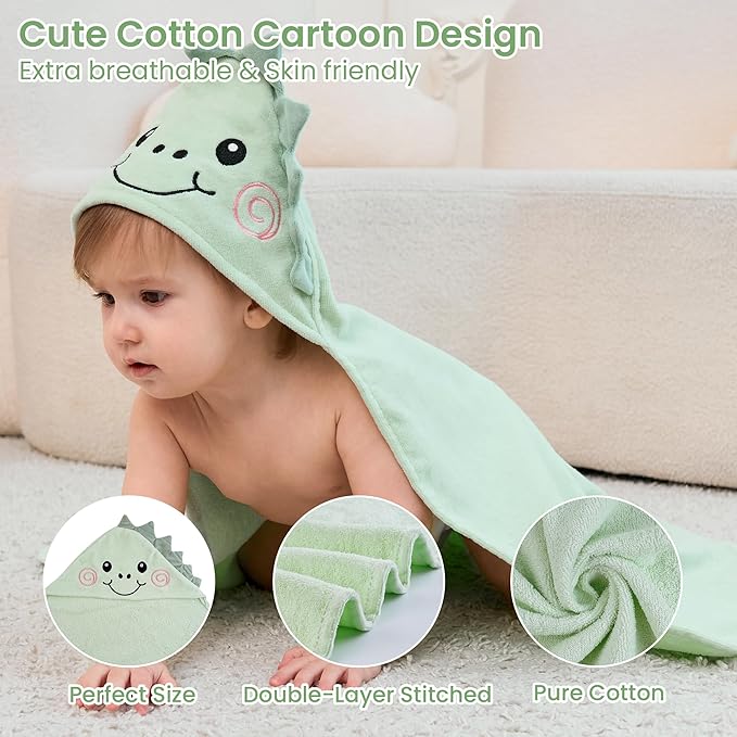 Mooreeke 2 Pack Toddler Towels - 100% Cotton Toddler Hooded Towels - Soft Baby Bath Towel with Hood for Newborn - Comfort Towel for Baby Girls and Boys - Animal Shaped (Puppy & Dinosaur)