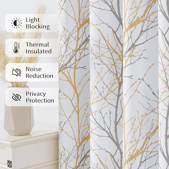 FMFUNCTEX 100% Blackout Curtains Yellow White Tree Liner Curtains for Bedroom, Branch Partterned Curtains 96 inch Length for Living Room, Room Darkening Thermal Insulated Drapes, Grommet Top 2 Panels