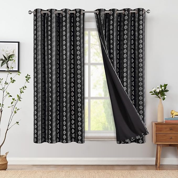 jinchan 95% Blackout Boho Curtains 63 Inches Long for Bedroom Living Room Silver Geometric Foil Printed Black Curtain Grommet Top Room Darkening Drapes Off White 52 x 63 2 Panels