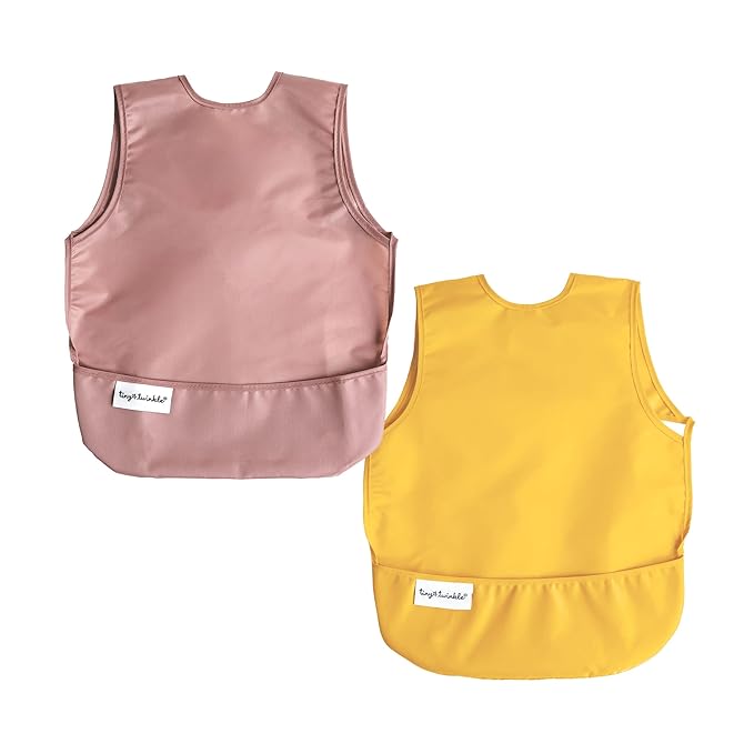Tiny Twinkle Mess Proof Baby Bibs | 2 Pack Waterproof Toddler Bib for Eating | Baby Apron for Feeding, Machine Washable, Perfect Shower Gift (Taupe Dandelion, 6–24M)