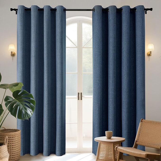 Joydeco Denim Blue Blackout Curtains 90 Inch Long 2 Panels Set, Faux Textured Linen Thermal Insulated Burlap Curtain & Drapes, Grommet Room Darkening Drapes for Bedroom Living Room