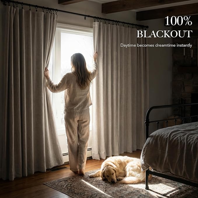 RYB HOME Natural Beige 100% Blackout Linen Curtains 78 inch Long, Thermal Insulated&Privacy Home Decor Drapes for Bedroom/Office/Nursery, Rod Pocket&Back Tab Window Treatment, W52 X L78, 2 Panels