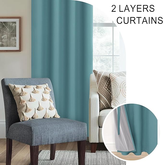XWZO 100% Blackout Curtains 54 Inches Long with Tiebacks- Privacy Protection & Noise Blocking Window Draperies Grommet Top with Black Liner for Bedroom/Living Room, Stone Blue, W52 x L54, Set of 2